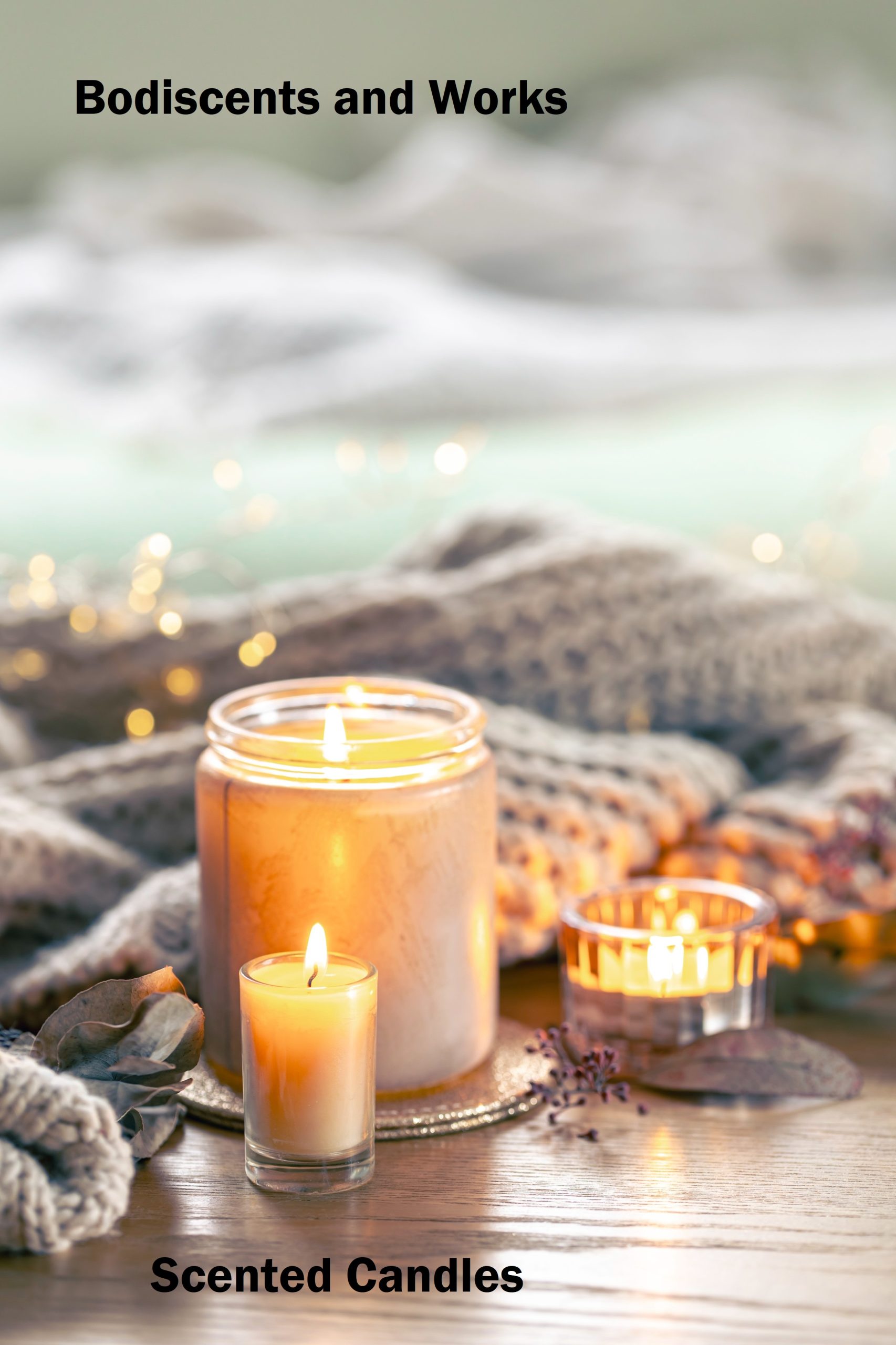 Home cozy composition with candles knitted element blurred background (1)